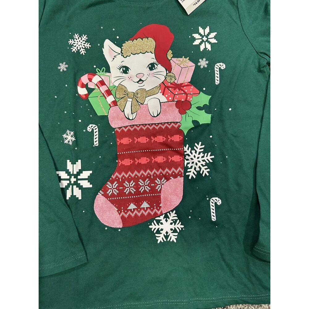 Girls Cat Stocking Graphic Tee - Park Bench Green - Picture 4 of 6